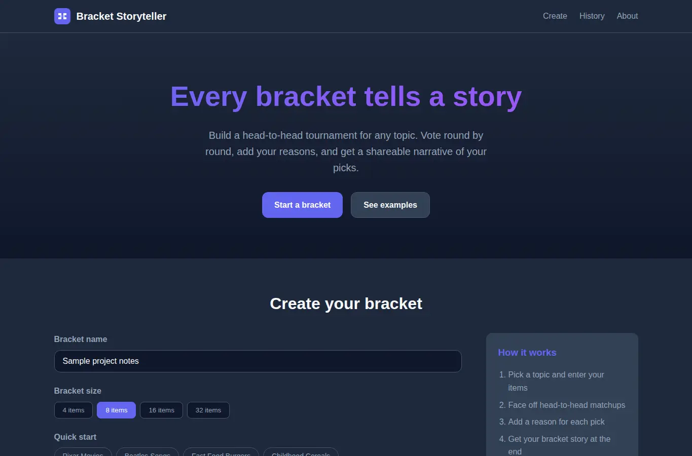 Screenshot of Tournament Bracket Storyteller interface showing the project page in use